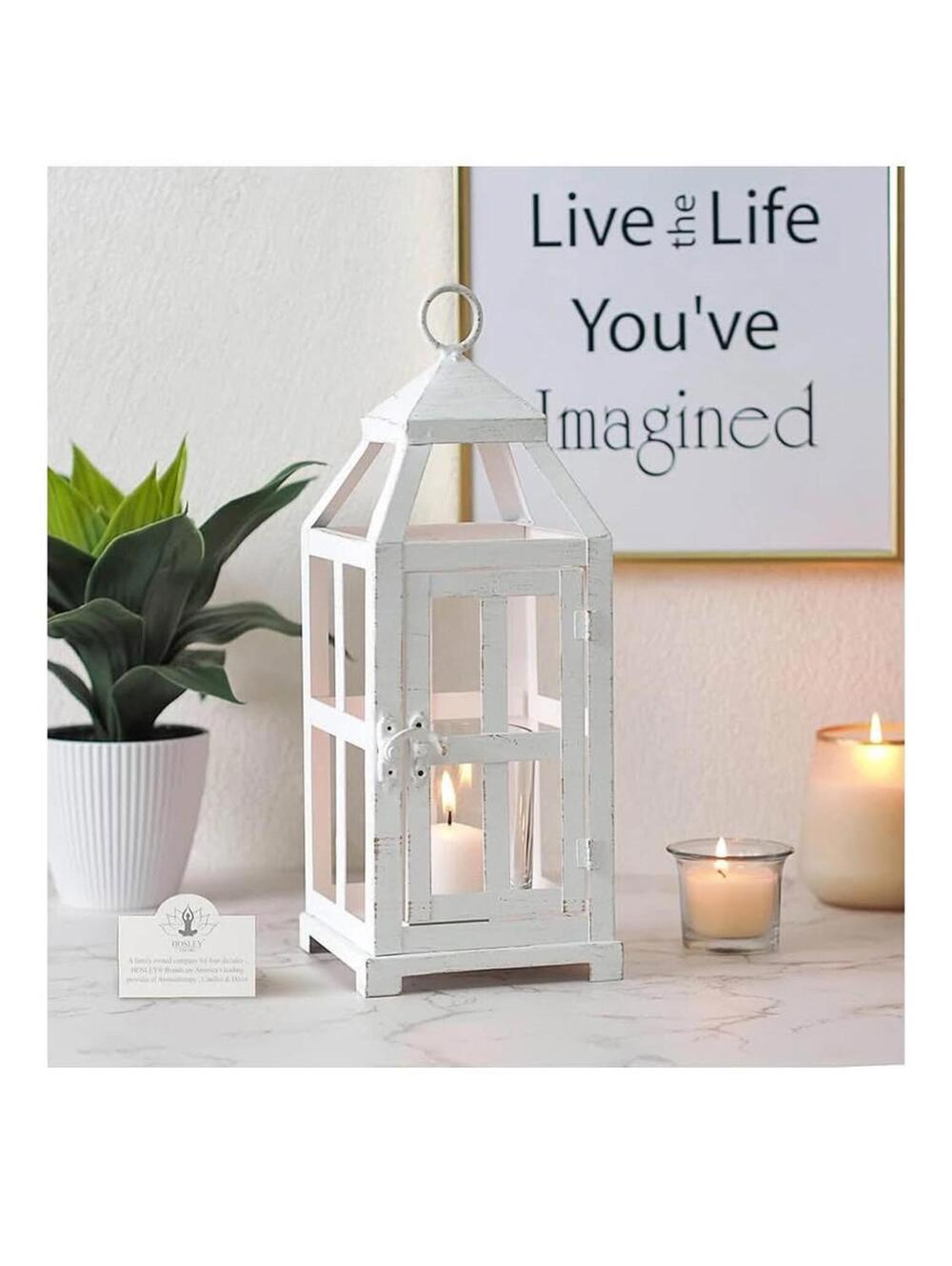 Hosley 12 Inch White Glass and Iron Lantern with Tealight Candle Holder - Home,